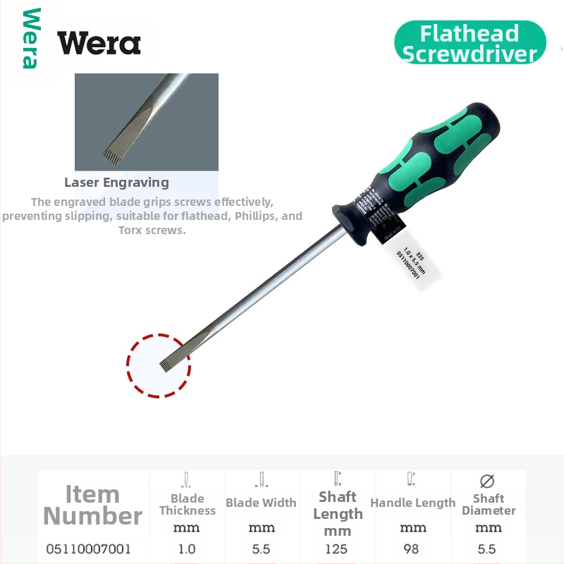Vera pločasti odvijač 335 serije, industrijske klase, CR-V čeli, oštrica 2-6 mm, PVC držak