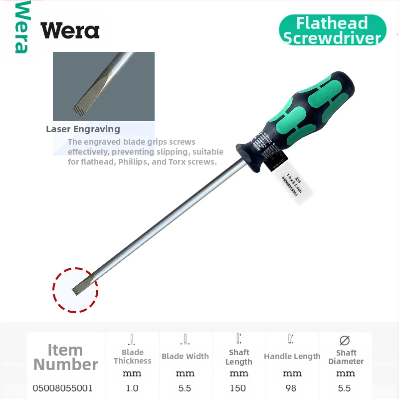 Vera pločasti odvijač 335 serije, industrijske klase, CR-V čeli, oštrica 2-6 mm, PVC držak