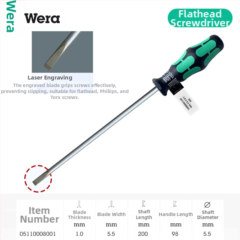 Vera pločasti odvijač 335 serije, industrijske klase, CR-V čeli, oštrica 2-6 mm, PVC držak