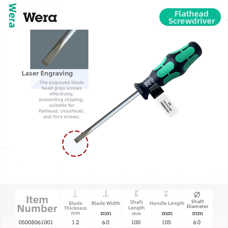 Vera pločasti odvijač 335 serije, industrijske klase, CR-V čeli, oštrica 2-6 mm, PVC držak