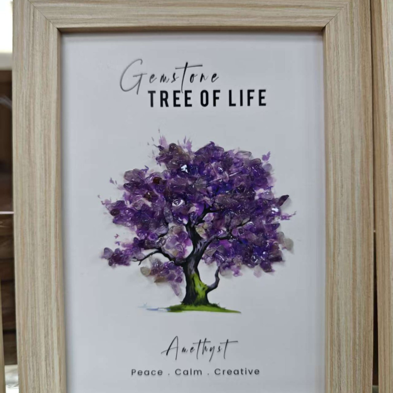 Ramă foto din cristal cu Arborele Vieții – Cristal natural de cuarț, origine Yunfu County, Guangdong, aspect pietriș, ornament 3D pentru birou