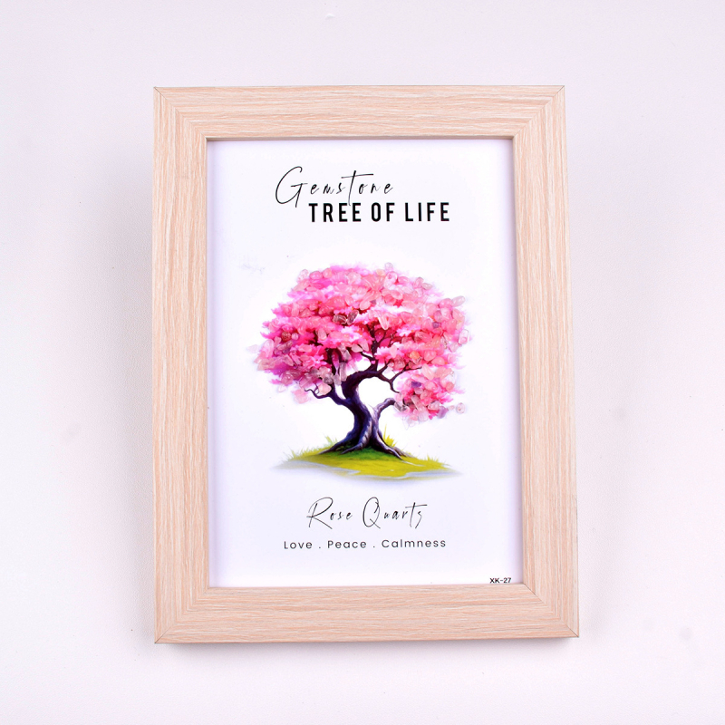 Ramă foto din cristal cu Arborele Vieții – Cristal natural de cuarț, origine Yunfu County, Guangdong, aspect pietriș, ornament 3D pentru birou