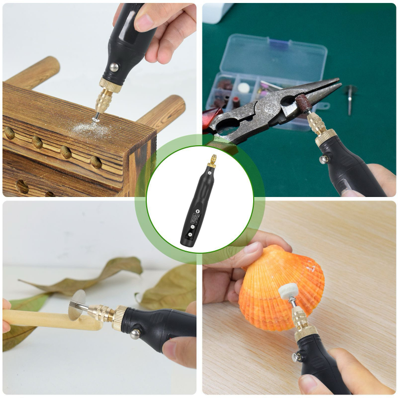 Carpenter Music – Töltéses Mini Elektronikus Maró Gravíró Tollal, 5V Li‑Ion Akkumulátor, Kompatibilis 110–220V‑val, Multifunkciós Fúrókészlet