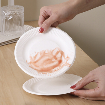 Еднократна хартиена чиния от захарна тръстина и бамбукова целулоза за домашна употреба; подходяща за барбекю и плодове (Материал: захарна тръстина + бамбукова целулоза; Употреба: домашна; Микровълнова: Не; Биоразградим: Не)