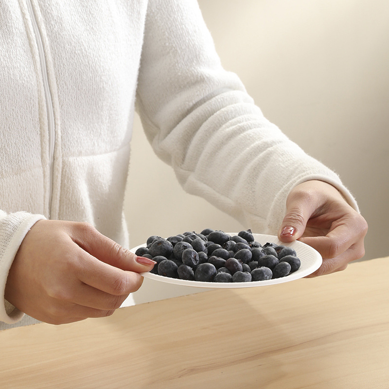 Еднократна хартиена чиния от захарна тръстина и бамбукова целулоза за домашна употреба; подходяща за барбекю и плодове (Материал: захарна тръстина + бамбукова целулоза; Употреба: домашна; Микровълнова: Не; Биоразградим: Не)