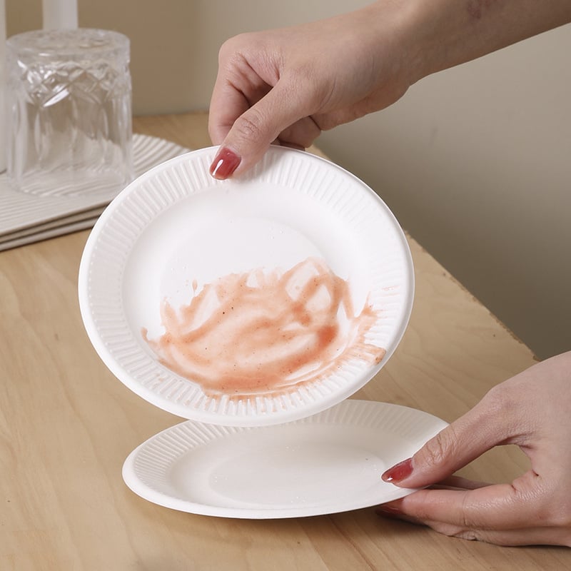 Еднократна хартиена чиния от захарна тръстина и бамбукова целулоза за домашна употреба; подходяща за барбекю и плодове (Материал: захарна тръстина + бамбукова целулоза; Употреба: домашна; Микровълнова: Не; Биоразградим: Не)