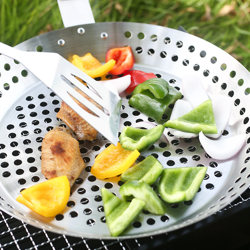 Okrugla posuda za BBQ od nehrđajućeg čelika – za povrće i meso, šuplji dizajn, polirana i rastegnuta površina, višenamjenska