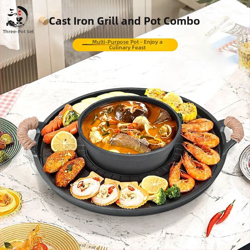 Lijevano željezni Shabu-Shabu lonac sve-u-jednom – dvostruka namjena za hot pot i roštilj, okruglog oblika, težina oko 4,5 kg, bez premaza