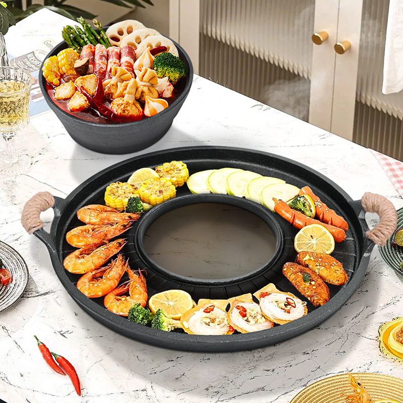 Lijevano željezni Shabu-Shabu lonac sve-u-jednom – dvostruka namjena za hot pot i roštilj, okruglog oblika, težina oko 4,5 kg, bez premaza