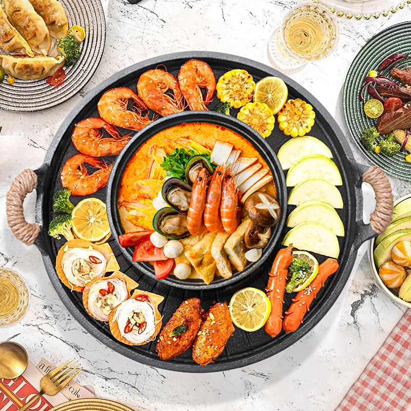Lijevano željezni Shabu-Shabu lonac sve-u-jednom – dvostruka namjena za hot pot i roštilj, okruglog oblika, težina oko 4,5 kg, bez premaza