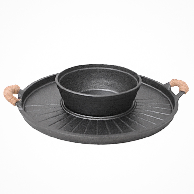 Lijevano željezni Shabu-Shabu lonac sve-u-jednom – dvostruka namjena za hot pot i roštilj, okruglog oblika, težina oko 4,5 kg, bez premaza