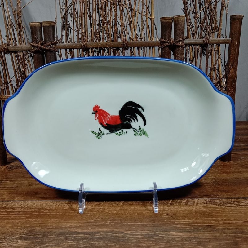 Keramički tanjur za ribu s dvostrukim drškama | cvjetni uzorak, ručno oslikan, kvadratni oblik, mikrovalna sigurnost, Baofeng Ceramics