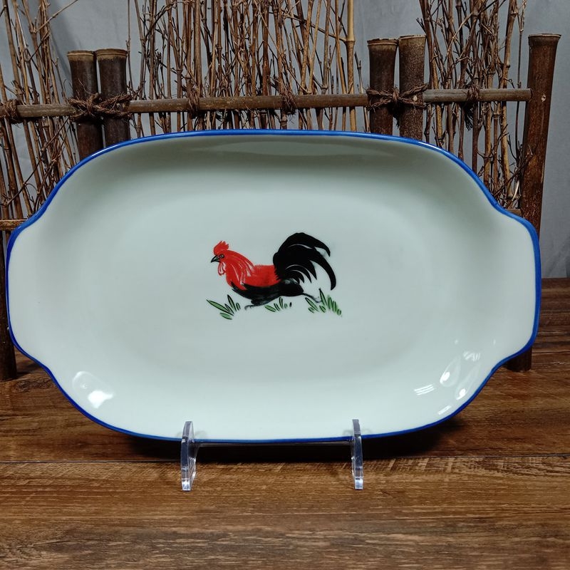 Keramički tanjur za ribu s dvostrukim drškama | cvjetni uzorak, ručno oslikan, kvadratni oblik, mikrovalna sigurnost, Baofeng Ceramics