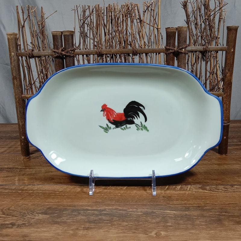 Keramički tanjur za ribu s dvostrukim drškama | cvjetni uzorak, ručno oslikan, kvadratni oblik, mikrovalna sigurnost, Baofeng Ceramics