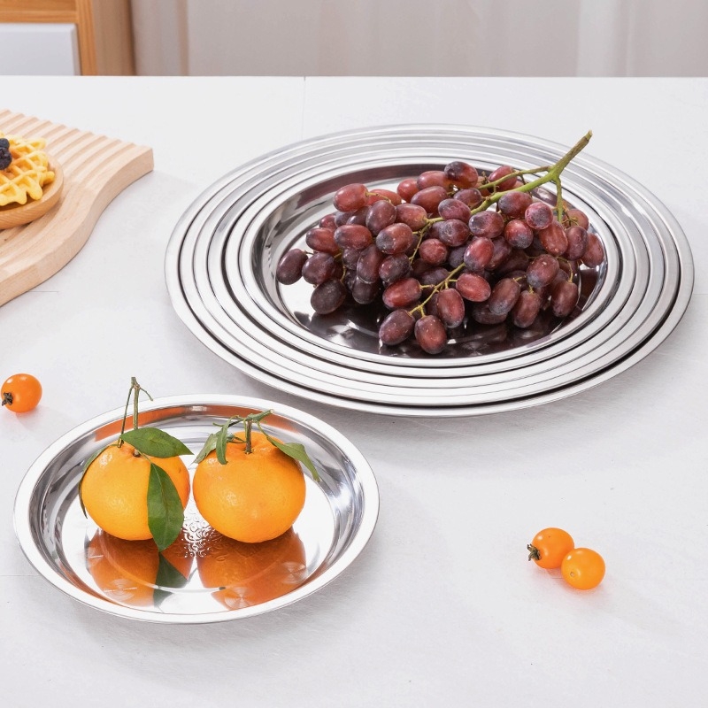 Nerđajući čelik, okrugli plosnati tanjur, promjer 24 cm, višenamjenski tanjur za posluživanje, za hot pot, roštilj i voće