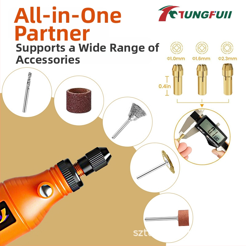 Mini hordozható elektromos gravírozó – Tungfull, újratölthető Li-ion akkumulátor 3,7V, ötfokozatú sebességszabályzás, USB-kábel, tömeg 0,15 kg
