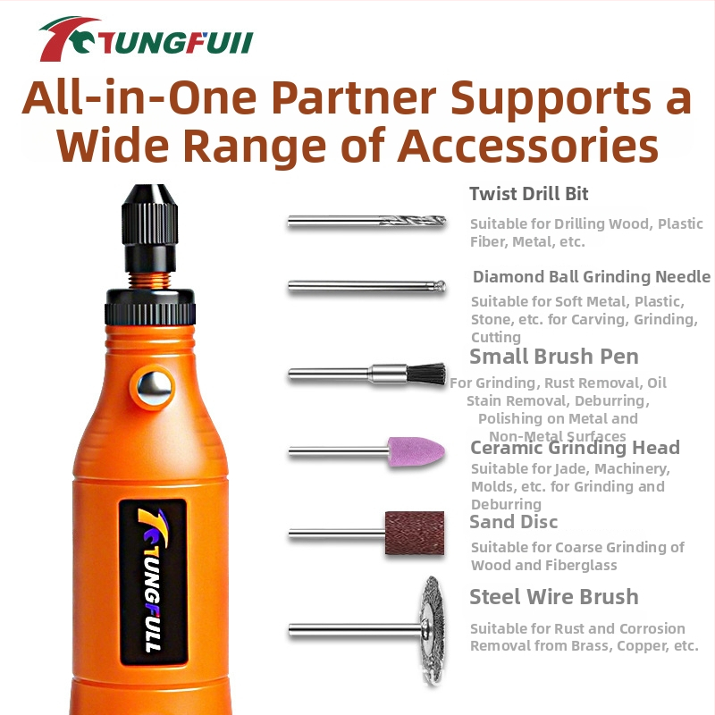 Mini hordozható elektromos gravírozó – Tungfull, újratölthető Li-ion akkumulátor 3,7V, ötfokozatú sebességszabályzás, USB-kábel, tömeg 0,15 kg