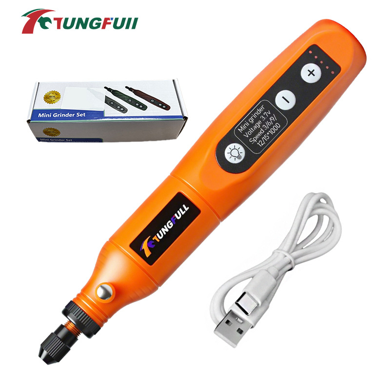 Mini hordozható elektromos gravírozó – Tungfull, újratölthető Li-ion akkumulátor 3,7V, ötfokozatú sebességszabályzás, USB-kábel, tömeg 0,15 kg