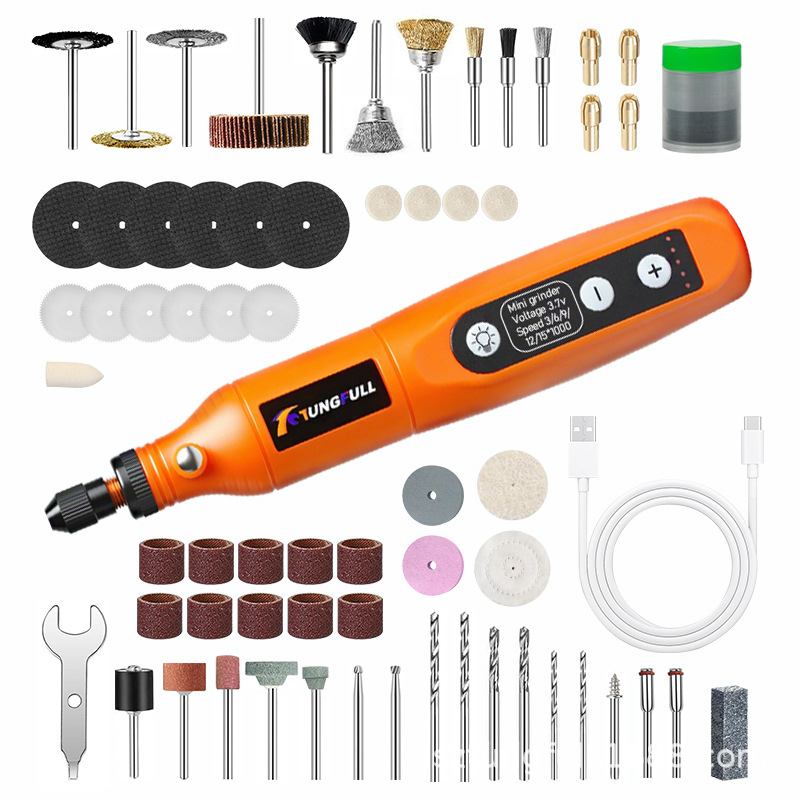 Mini hordozható elektromos gravírozó – Tungfull, újratölthető Li-ion akkumulátor 3,7V, ötfokozatú sebességszabályzás, USB-kábel, tömeg 0,15 kg