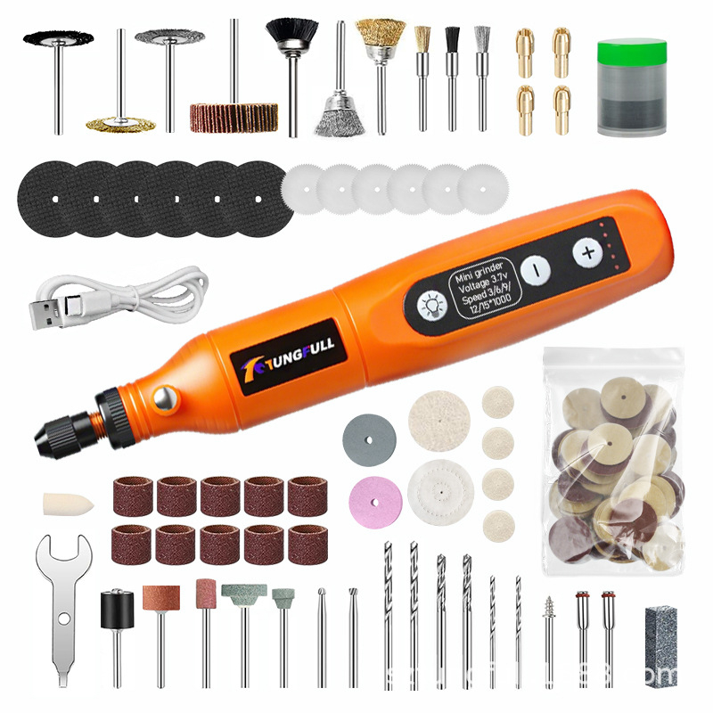 Mini hordozható elektromos gravírozó – Tungfull, újratölthető Li-ion akkumulátor 3,7V, ötfokozatú sebességszabályzás, USB-kábel, tömeg 0,15 kg