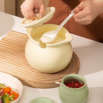 Keramička posuda za ulje s dvostrukim ručkama, poklopac i žlica — otpornost na visoke temperature, Yehua Ceramics
