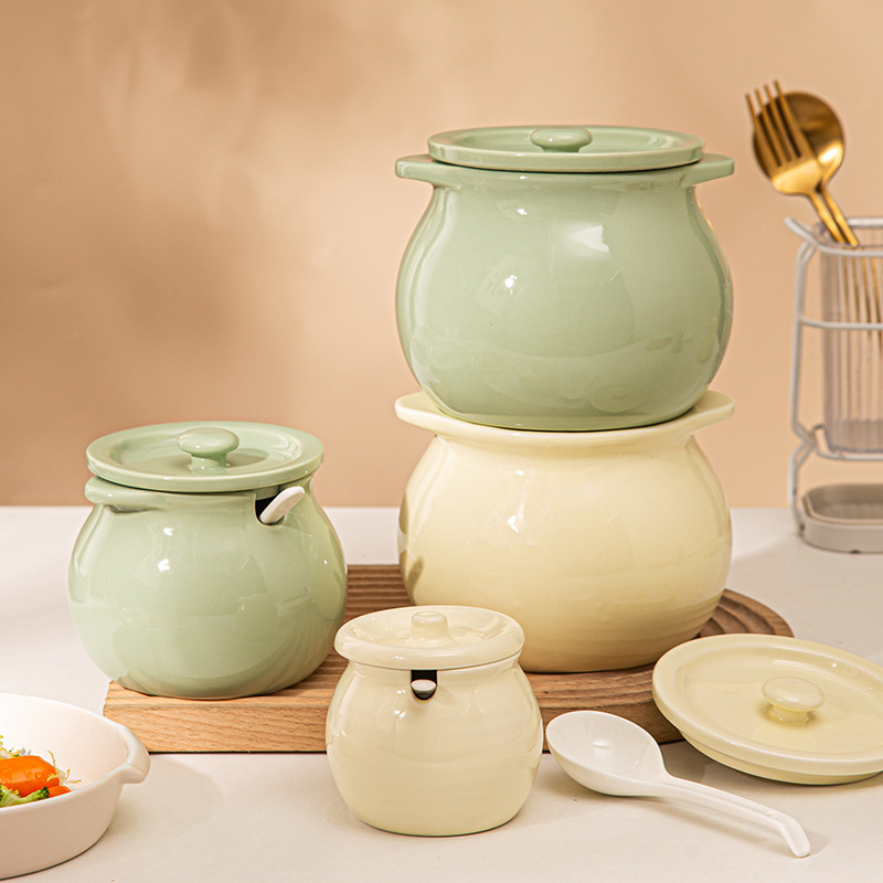 Keramička posuda za ulje s dvostrukim ručkama, poklopac i žlica — otpornost na visoke temperature, Yehua Ceramics