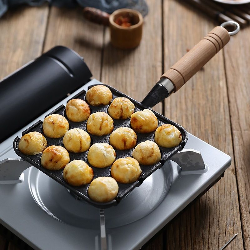 Ötvösvasból készült takoyaki sütő quail tojás formával, négyszögletes alak, elektroforeziós bevonat, összecsukható kialakítás, tapadásmentes felület