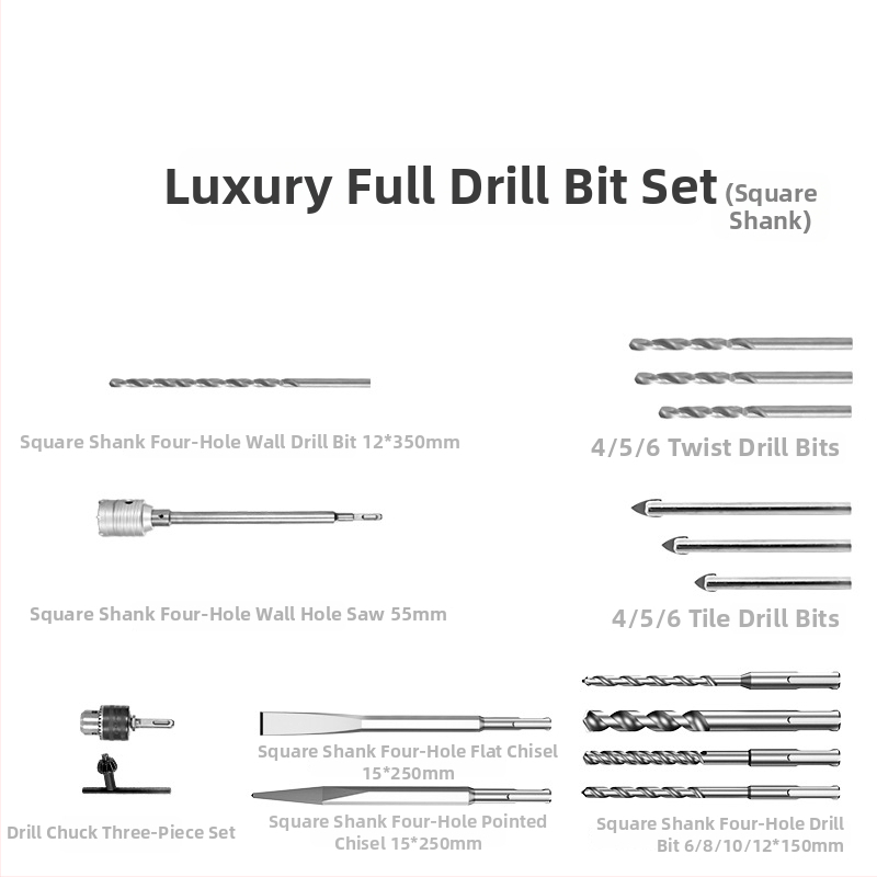 Xuxuan Sada vrtákov do kladiva: špirálové a trojuholníkové vrtáky, otvorovač stien, štvorcová a kruhová rukoväť, 3-dielny upínací set