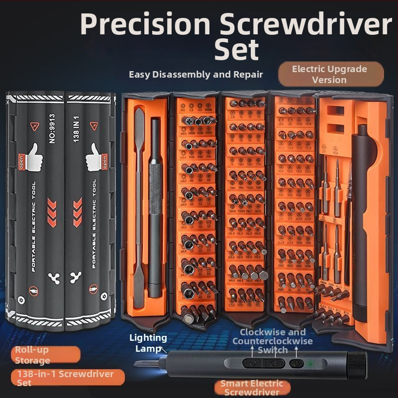 Elektrický presný skrutkovač set 138-in-1 pre demontáž, domáce použitie, vylepšená verzia so 6-dielnym súborom a tvrdenými bitmi, uhlíková oceľ