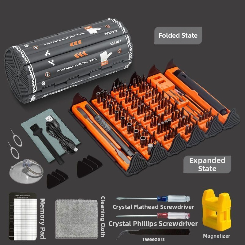 Elektrický presný skrutkovač set 138-in-1 pre demontáž, domáce použitie, vylepšená verzia so 6-dielnym súborom a tvrdenými bitmi, uhlíková oceľ
