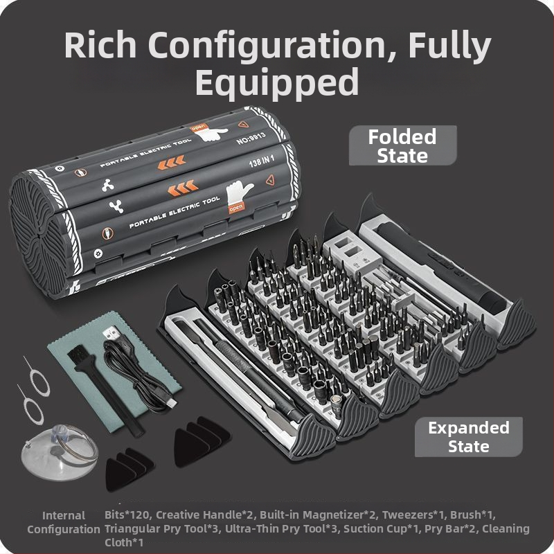 Elektrický presný skrutkovač set 138-in-1 pre demontáž, domáce použitie, vylepšená verzia so 6-dielnym súborom a tvrdenými bitmi, uhlíková oceľ