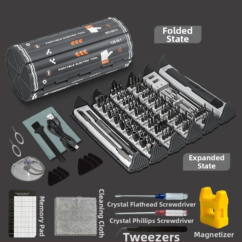 Elektrický presný skrutkovač set 138-in-1 pre demontáž, domáce použitie, vylepšená verzia so 6-dielnym súborom a tvrdenými bitmi, uhlíková oceľ