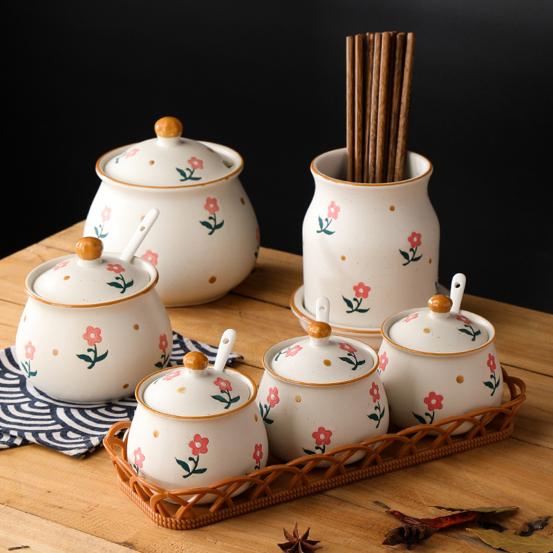 Long Yixuan Japanski stil mat keramički set posuda za začine s pladnjem, poklopcem i žlicom