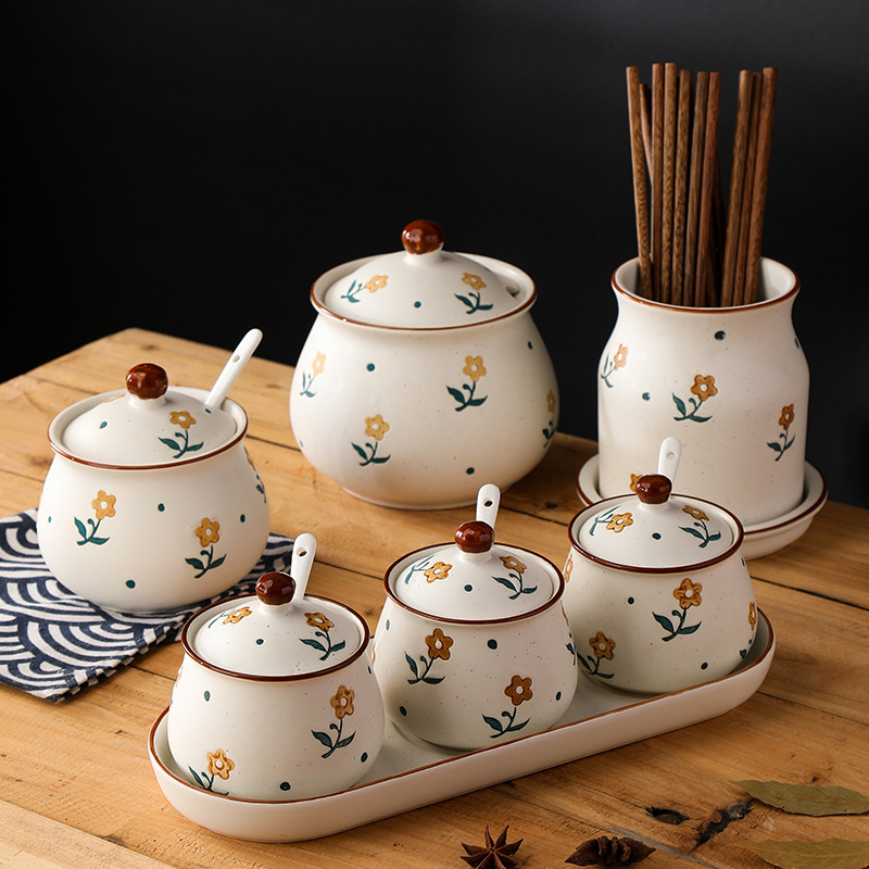 Long Yixuan Japanski stil mat keramički set posuda za začine s pladnjem, poklopcem i žlicom