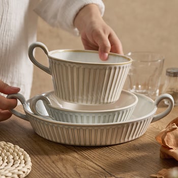 YOGEHOME porcelinska zdjela s dvostrukim držačima, keramička zdjela s prugastim uzorkom, nordijski stil, okrugli oblik