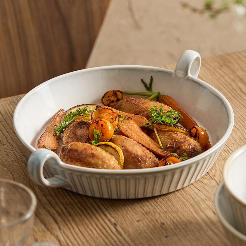 YOGEHOME porcelinska zdjela s dvostrukim držačima, keramička zdjela s prugastim uzorkom, nordijski stil, okrugli oblik