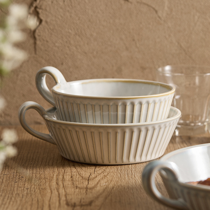 YOGEHOME porcelinska zdjela s dvostrukim držačima, keramička zdjela s prugastim uzorkom, nordijski stil, okrugli oblik
