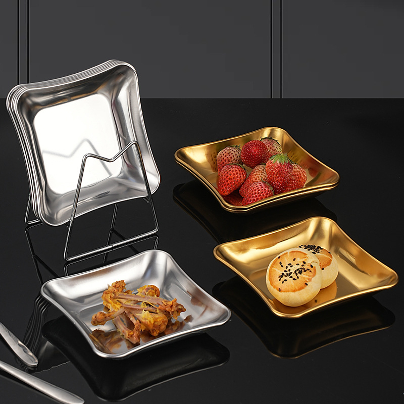 Korejski stil tanjur od nehrđajućeg čelika za snackove, kvadratni, 14–14.9 cm, lagani luksuz BBQ tanjur