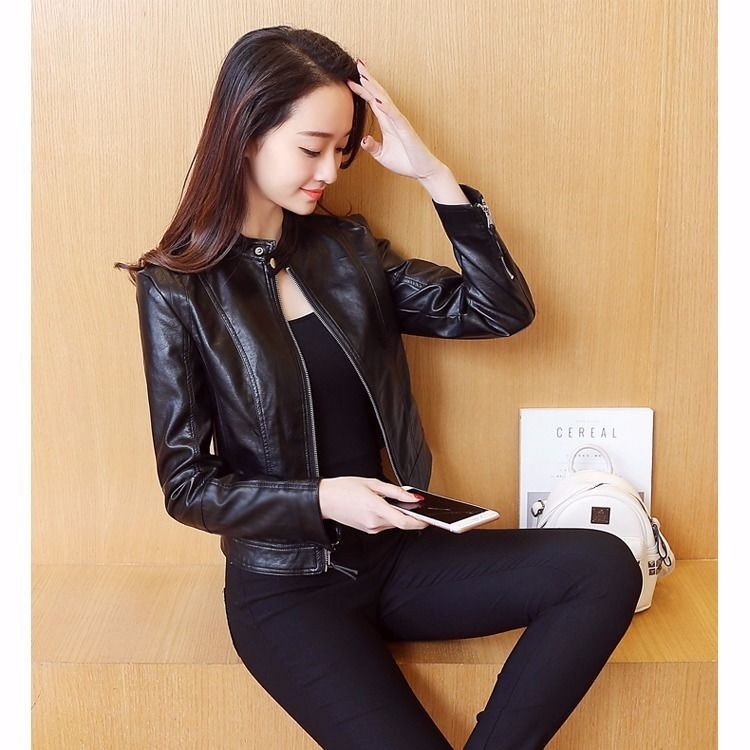 Jachetă PU pentru femei, croială Slim, guler înalt, fermoar, lungime scurtă