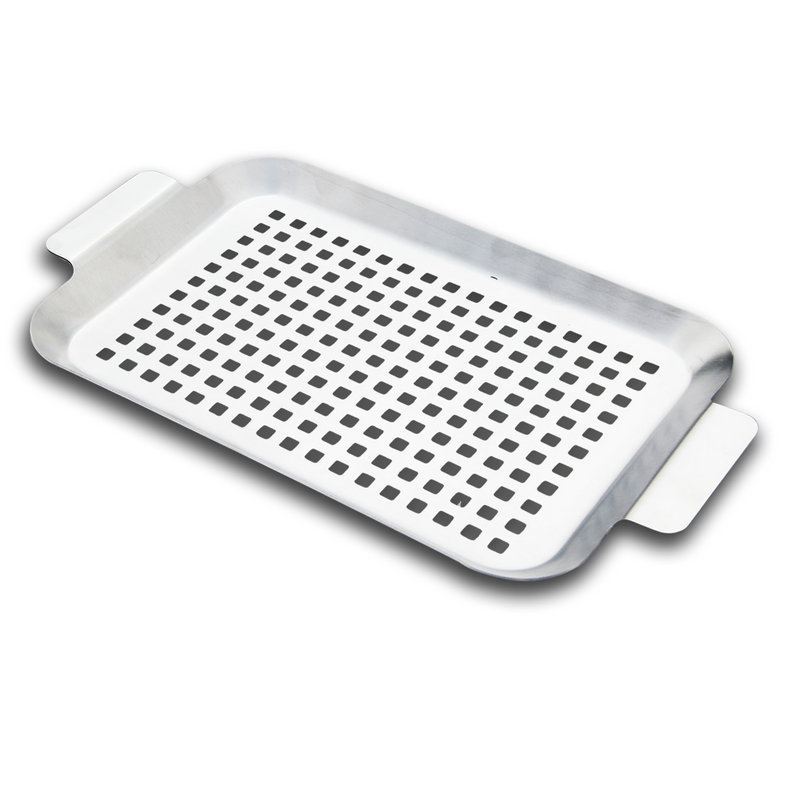 Nehrđajući čelični kvadratni roštilj tiganj s perforacijama za odvod ulja, s drškom – težina 490–1200 g, bez premaza