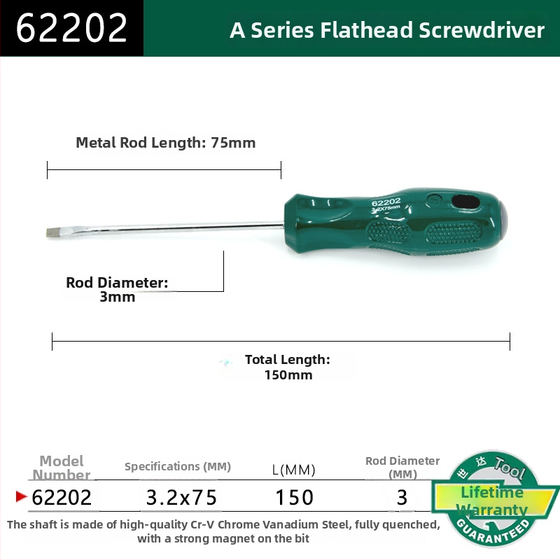 Plochý skrutkovač s plastovou rúčkou, séria A, model 62202-222, chróm-vanadová oceľ, silný magnet