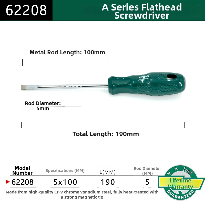 Plochý skrutkovač s plastovou rúčkou, séria A, model 62202-222, chróm-vanadová oceľ, silný magnet