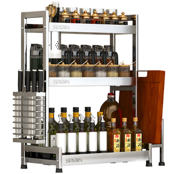 Raft pentru condimente cu suport pentru cuțite și depozitare pentru sticle de sos de soia – oțel inoxidabil 304, montaj fără găurire