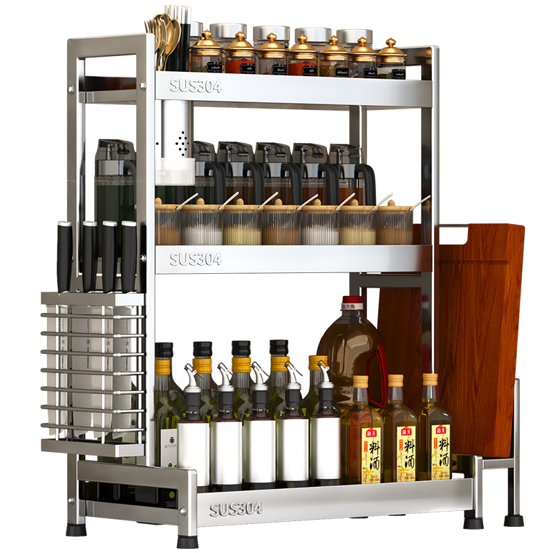 Raft pentru condimente cu suport pentru cuțite și depozitare pentru sticle de sos de soia – oțel inoxidabil 304, montaj fără găurire