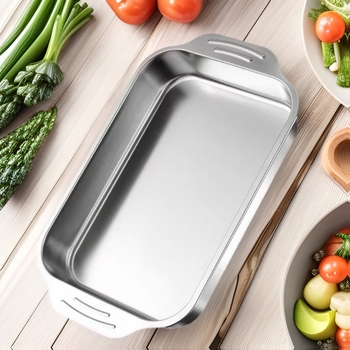 Rozsdamentes acél grill serpenyő fedővel, négyzet alakú, elektrolízis felületű, mikró kompatibilis, logó nyomtatás és testreszabás elérhető