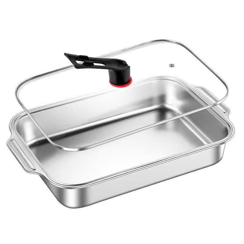 Rozsdamentes acél grill serpenyő fedővel, négyzet alakú, elektrolízis felületű, mikró kompatibilis, logó nyomtatás és testreszabás elérhető