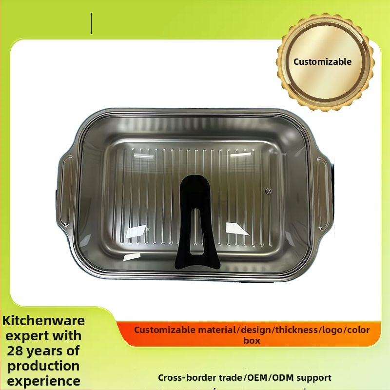 Rozsdamentes acél grill serpenyő fedővel, négyzet alakú, elektrolízis felületű, mikró kompatibilis, logó nyomtatás és testreszabás elérhető