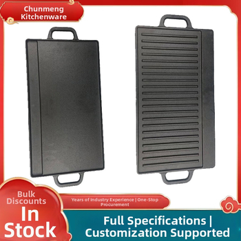 Öntöttvas grillsütő serpenyő, téglalap alakú, kétoldalas, diagonális csíkos mintázat, kempingezéshez és steak grillezéshez