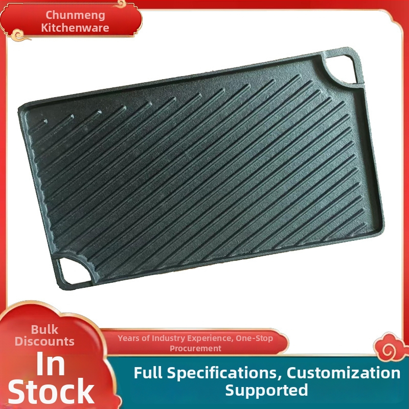 Öntöttvas grillsütő serpenyő, téglalap alakú, kétoldalas, diagonális csíkos mintázat, kempingezéshez és steak grillezéshez