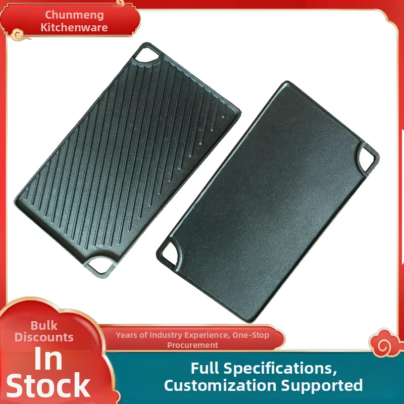Öntöttvas grillsütő serpenyő, téglalap alakú, kétoldalas, diagonális csíkos mintázat, kempingezéshez és steak grillezéshez
